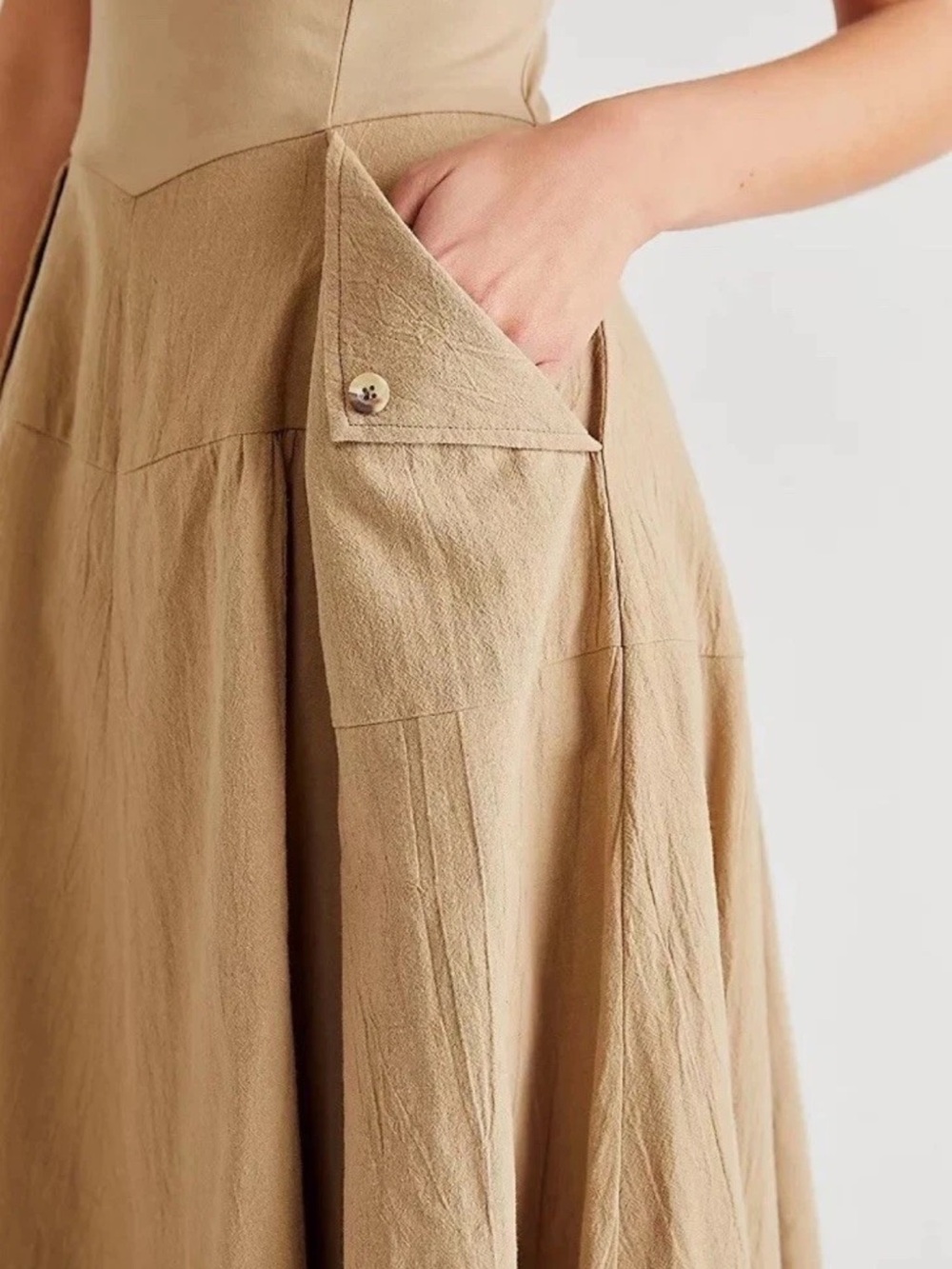 FREE PEOPLE Soledad Midi Dress Khaki Beige Boho Pockets Sz M - Picture 3 of 16